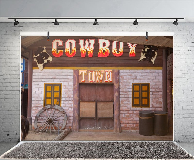 LFEEY 9x6ft Country Western Barn Backdrop for Parties Wild West Cowboy Farmhouse Tavern Wood Wheel Town Building Doorway Photography Background Theme Party Birthday Events Photo Studio Props - Image 4